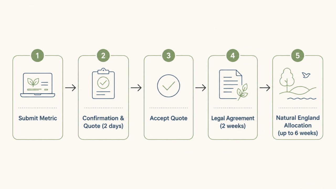 The five steps to buying BNG units at The Ferals: Submit Metric, Confirmation and Quote in 2 days, Accept Quote, Legal Agreement in 2 weeks, Natural England Allocation up to 6 weeks