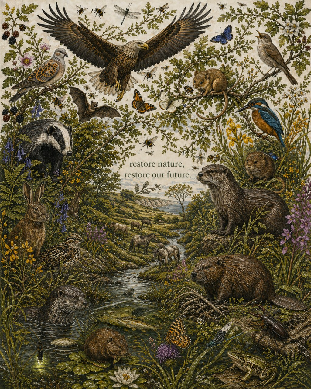 Dorset wildlife habitat restoration illustration — The Ferals biodiversity net gain habitat bank in Tarrant Keyneston