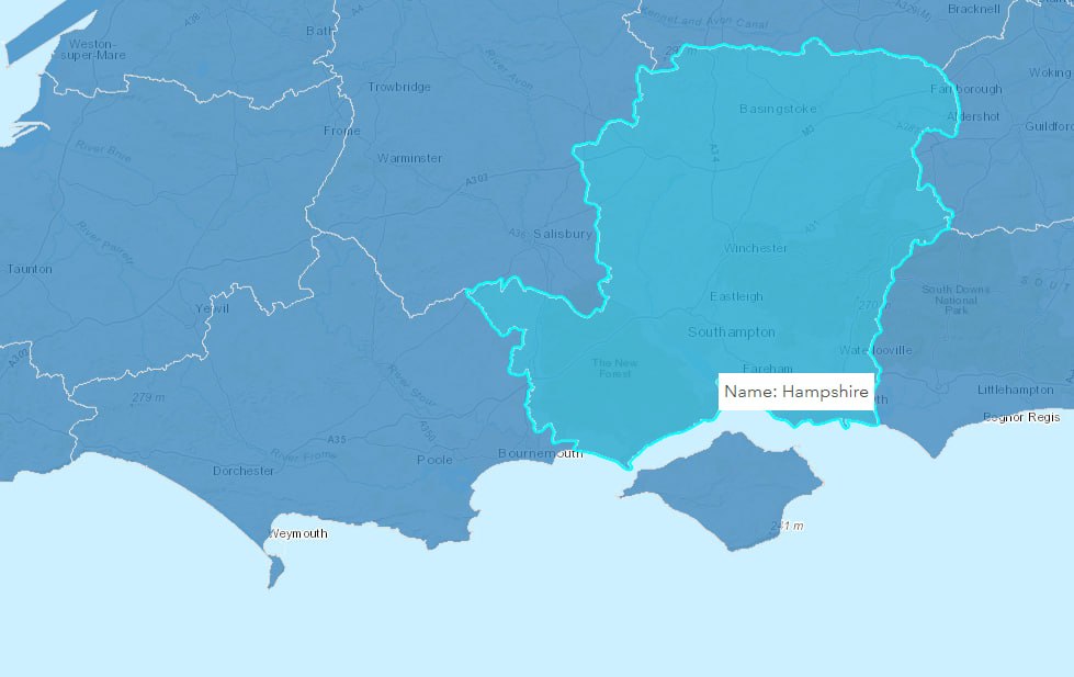 Map showing the Hampshire Local Nature Recovery Strategy boundary, covering Winchester, New Forest, Southampton, Basingstoke and all Hampshire councils, with neighbouring Dorset LNRS area to the west